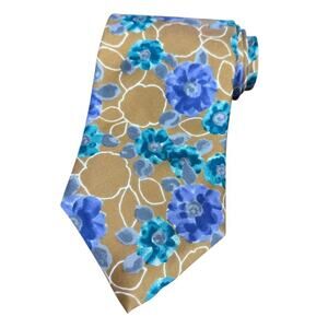 Gino Pompeii Mens Silk Tan Brown Purple Teal Floral Neck Tie Necktie 3.5" x 58"